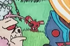 Gros plan sur CHAOS INSIDE : un petit lapin rouge borgne caché dans l'herbe