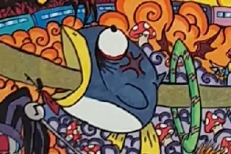 Gros plan sur CHAOS INSIDE : un gros oiseau bleu au regard furieux, entouré de champignons