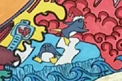 Gros plan sur CHAOS INSIDE : deux pingouins sur la banquise, dont un en bonnet de Noël