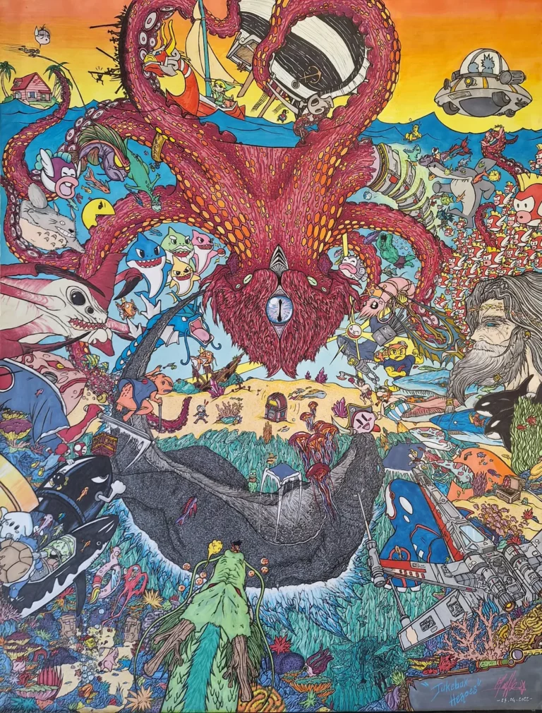 JUKEBOX HEROES, dessin original au feutre et Posca de Davy Crow