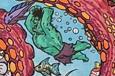 Gros plan sur JUKEBOX HEROES : Hulk qui nage entre les tentacules du Kraken