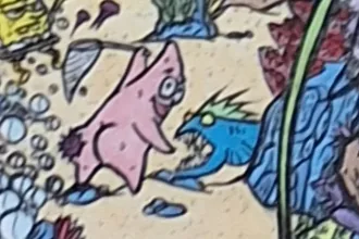 Gros plan sur JUKEBOX HEROES : Patrick l'étoile de mer face à un poisson bleu hérissé, sur le sable