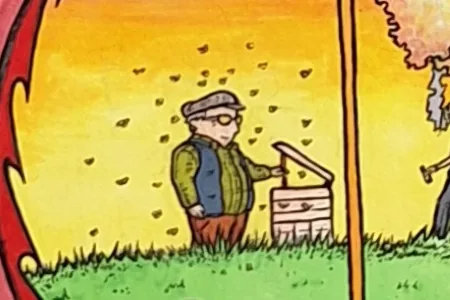 Gros plan sur R-128 : le grand-père de Davy face à sa ruche, sous un ciel de coucher de soleil