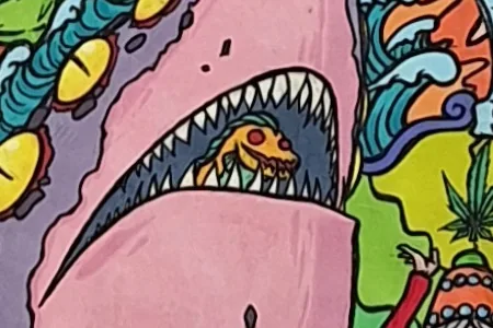 Gros plan sur R-128 : un poisson jaune dans la gueule d'un requin rose, sur la droite du tableau