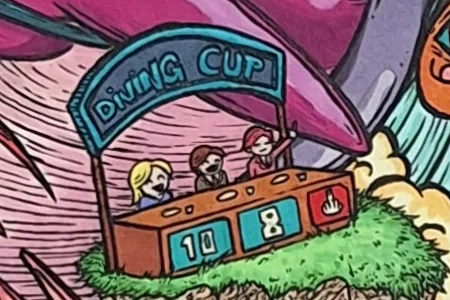 Gros plan sur R-256 : le « DIVING CUP », trois juges de plongeon brandissent leurs notes
