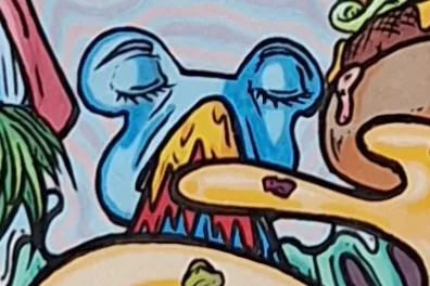 Gros plan sur R-512 : une tête de grenouille bleue aux yeux fermés, en bas du tableau