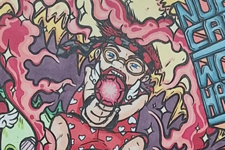 Gros plan sur R-512 : un personnage à lunettes en tenue rouge à cœurs, une boule lumineuse dans la bouche, en haut du tableau
